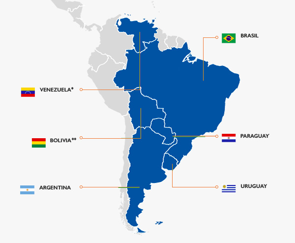 Mapa de los países que integran el Mercosur